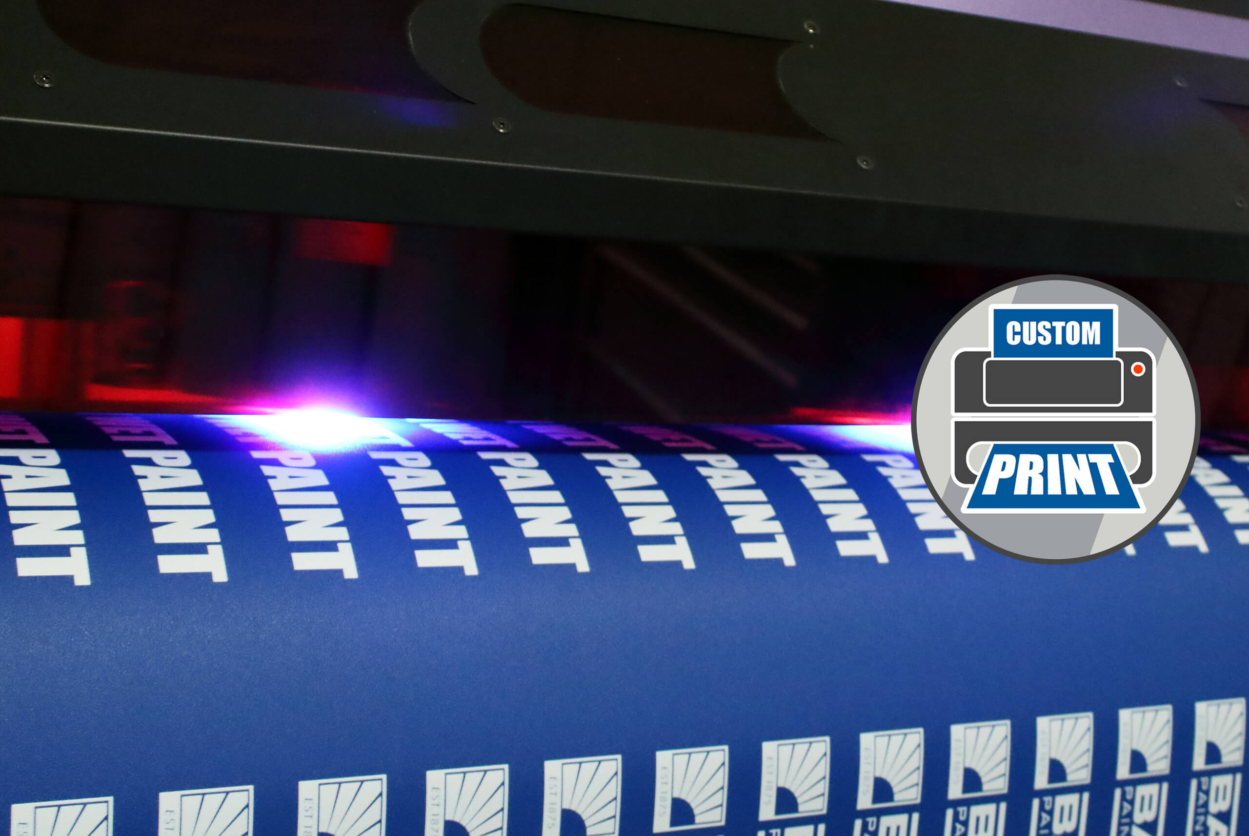 Wet Paint Blue Printed Tape Being Printed on Printer with Graphic Wet Paint Blue Printed Tape Being Printed on Printer with Graphic